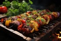 Shish kebab or shish kebab, grilled barbecue with vegetables. Fried pieces of pork meat on metal skewers Royalty Free Stock Photo