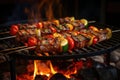 Shish kebab or shish kebab, grilled barbecue with vegetables. Fried pieces of pork meat on metal skewers Royalty Free Stock Photo