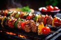 Shish kebab or shish kebab, grilled barbecue with vegetables. Fried pieces of pork meat on metal skewers Royalty Free Stock Photo