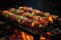Shish kebab or shish kebab, grilled barbecue with vegetables. Fried pieces of pork meat on metal skewers Royalty Free Stock Photo