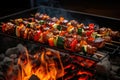 Shish kebab or shish kebab, grilled barbecue with vegetables. Fried pieces of pork meat on metal skewers Royalty Free Stock Photo