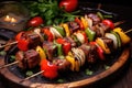 Shish kebab or shish kebab, grilled barbecue with vegetables. Fried pieces of pork meat on metal skewers Royalty Free Stock Photo