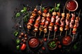 Shish kebab and grilled meat skewers in top view on a dark background