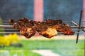 A shish kebab inverted on a skewer hangs over a fire. This delicious food looks appetizing