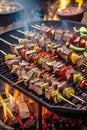 Shish kebab meat and vegetables closeup on barbecue grill.AI Generated