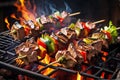Shish kebab meat and vegetables closeup on barbecue grill.AI Generated