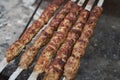 Shish kebab on a metal stick, top view. Lula kebab on skewers