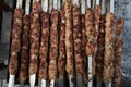 Shish kebab on a metal stick, top view. Lula kebab on skewers