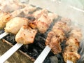 Shish kebab on metal sticks roasted on the grill