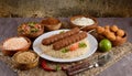 Shish kebab with mixed rice, kibbe and variety of ethnic lebanese food.