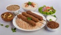 Shish kebab with mixed rice, kibbe and variety of ethnic lebanese food.