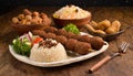 Shish kebab with mixed rice, kibbe and variety of ethnic lebanese food.