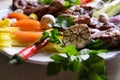 Shish kebab with mushrooms, cherry tomato and sweet pepper, Grilled meat skewers. Top view, copyspace. most important Royalty Free Stock Photo