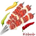 Shish kebab with onion and cherry tomato. Grilled meat skewers. Top view. Vector illustration