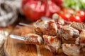 Shish kebab from pork closeup. Juicy appetizing meat cooked on an open fire. Rustic.