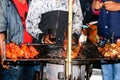 Shish kebab preparation on barbecue grill over charcoal. Roast Beef on BBQ Grill. Marinated Shashlik originally made of lamb Royalty Free Stock Photo