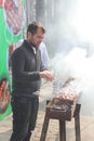 Shish kebab shashlik cooking Nowruz celebration in Samarkand 2023