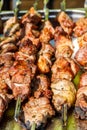 Shish kebab on skewers close-up. Pork shashlik cooked on grill