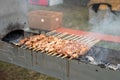Shish kebab on skewers fried on charcoal grill.