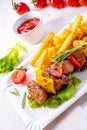 shish kebab skewers with marinated ham meat paprika and red onion Royalty Free Stock Photo