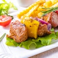 shish kebab skewers with marinated ham meat paprika and red onion Royalty Free Stock Photo