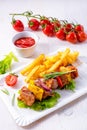 Shish kebab skewers with marinated ham meat paprika and red onion Royalty Free Stock Photo