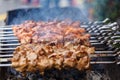 Shish kebab on skewers (beef, pork, chicken) are roasted over th