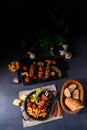 Shish kebab with various vegetables and spice country potatoes