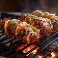 Shish kebab with vegetables on barbecue grill, closeup