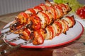 Shish kebab with vegetables and spices on skewers Royalty Free Stock Photo