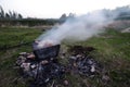 Shish kebabs from chicken wings are fried in the field. A classic barbecue in the open air. The process of frying meat on charcoa Royalty Free Stock Photo