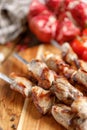 Shish kebabs from pork on skewers close-up. Juicy appetizing meat cooked on an open fire. Rustic.