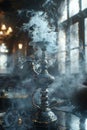 shisha pipe, interior design, cafe, smoke, mist, photo realistic, hyper realistic