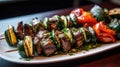 Shishkabob skewered with grilled vegetables. Generative AI Royalty Free Stock Photo