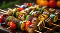 Shishkabob skewered with grilled vegetables. Generative AI Royalty Free Stock Photo