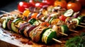 Shishkabob skewered with grilled vegetables. Generative AI Royalty Free Stock Photo
