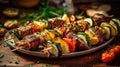 Shishkabob skewered with grilled vegetables. Generative AI Royalty Free Stock Photo