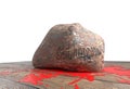 Shit happens text on heavy stone smash and small blood on wood floor 3d illustration