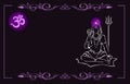 Shiva, Hindu god, with trident. Shiny Sahasrara crown chakra, Om symbol, lotus frame. Hand drawn vector design Royalty Free Stock Photo