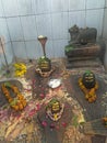Shiva Lingam and Nandi Bull sculptures for worship in Temple, Varanasi, India Royalty Free Stock Photo