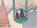 Shiva and Parvati near lake, Kailash Himalaya mountains geometry