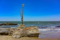 Shiva's face and Trident totem on Vagator beach, Goa, India. The northernmost beach of Bardez Taluka in Goa. March Royalty Free Stock Photo