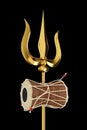 Shiva`s Trishul in Gold and Wooden Damru Drum Musical Instrument on Black Background - 3D Illustration Render