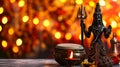 Shivaratri background with Shivas trident and Pellet Drum Damroo musical instrument. AI Generative