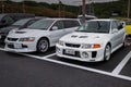 Shizuoka Japan September 8 2019 white Mitsubishi Lancer evolution IX station wagon and Mitsubishi Lancer evolution V