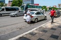 People and cars on Rruga Teuta street in Shkodra. Urban life of the Albanian tourist town