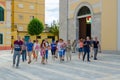 Group of tourists are near St. Stephen`s Cathedral, Shkoder, Albania Royalty Free Stock Photo