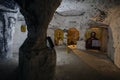 Shmarnenskaya cave. Old abandoned underground chalky monastery Royalty Free Stock Photo