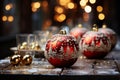 Shniy red, white and golden Christmas tree decorations with defocused lights in background and copy space Royalty Free Stock Photo