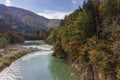 Sho River landscape at the historic Village of Ogimachi in Shirakawago, World Heritage Site, Japan. Royalty Free Stock Photo